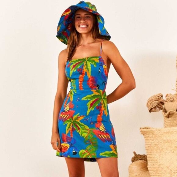 Farm Rio Blue Sunny Day Tropical Toucan & Palm Trees Linen Blend Mini Dress - Picture 1 of 10